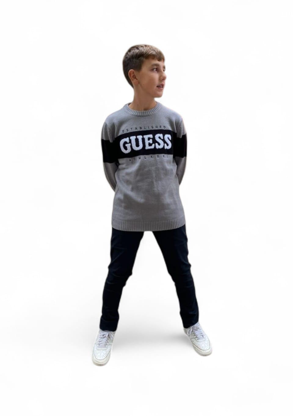GUESS Maglione Invernale Ragazzo 18 Anni - 180 cm Color Grigio con Scritta Beige su Base Nera
