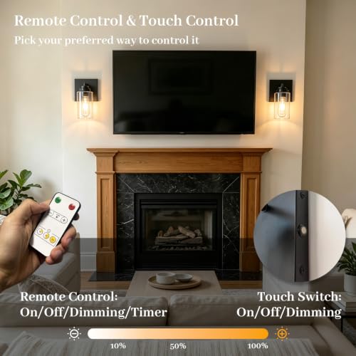 Image of Dimmable Battery Operated Wall Sconce Set of Two, Rechargeable Wall Lamp No Wired Required, Easy Install Cordless Wall Light Fixtures for Bedroom Living Room Bathroom Hallway Farmhouse, Black