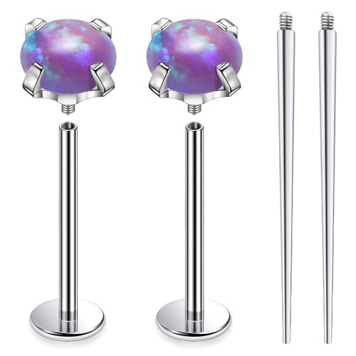 Ruifan ASTM F136 Titanium Cheek Piercing Barbell Jewelry Internally Threaded Flat Back Tongue Rings Purple Opal Solid Titanium Labret Body Piercing Jewelry for Women Men 16G 14mm