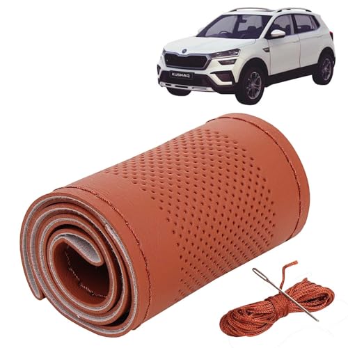 Image of KINGSWAY PU Leatherite Car Steering Cover Sewable Compatible with Skoda Kushaq (Year 2021 Onwards), Tan Color with Tan Thread, Pack of 1 with Sewing Needle and Thread