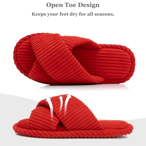 Image of GOEWY House Slippers for Women Fuzzy Womens Slippers Indoor Outdoor Open Toe With Cross Band Corduroy Memory Foam Warm Gifts for Woman Size 7 8.5 Red
