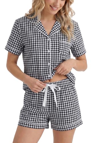 Image of LUBOT 100% Cotton Pajamas for Women 2 Piece PJ Set Button-Down Soft Knit Short Sleeve Summer Sleepwear Loungewear XS-XXL