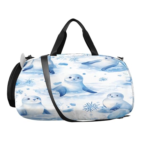 Seal Snowflakes Blue Kids Travel Duffel Bag for Boys Girls Overnight Weekend Tote Bag with Shoes Compartment for Dance Gym Sports2