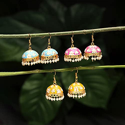 Yellow Chimes Meenakari Jhumka Earrings for Women | Traditional Small Jhumki Earrings Set for Girls | Combo Set Jhumkas Ethnic Gold Plated Women Earrings | Birthday Gift For Girls - Image 2