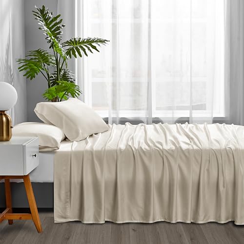 ACCURATEX Cooling Sheets Queen Size - 100% Viscose Made from Bamboo, Luxury Cool Silky Sheet Set for Queen Size Bed, Super Soft Breathable Bedding Sheets up to 16 inches Deep Pockect, Beige