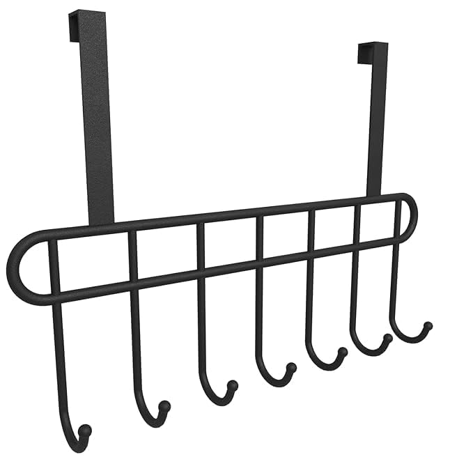 Image of Kundi Multi-Functional Over-the-Door Hook Hanger Rack - Heavy-Duty Steel Wall Hook Organizer with 7 Hooks for Clothes, Towels, Kitchen & Bathroom (Black)