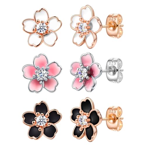 NEWITIN 3 Pairs Flower Earrings for Women Hypoallergenic Earring Cute Ear Studs Cherry Blossom Daisy Rose Flower Stud Earrings for Women