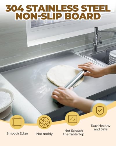 Image of Stainless Steel Chopping Board with Lip for Kitchen | Heavy Duty Cutting Board for Vegetables, Meat, Fish, Fruits | Non-Slip, Rust-Proof, Round Edges | Includes Rolling Pin