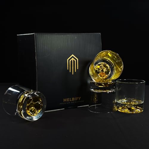 Image of Melbify Gold Football Whiskey Glass Gift Set | 4 pcs Set | 300 ml | Ultra-Premium | Gold-Bottomed | Imported | Luxurious | Ideal for Wedding Gifts, Anniversary, VIP and Corporate Gifts