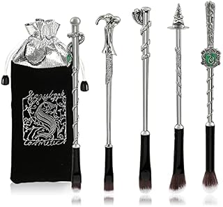 [5 PCS] Makeup Brush Set Metal, 3D Silver Handle Wizard Wand for Foundation Blush, Eyeshadow, Face Concealer, Eyeliner Contour, Powder Liquid Eye, H P Movie, Anime Gift for Girls, Women