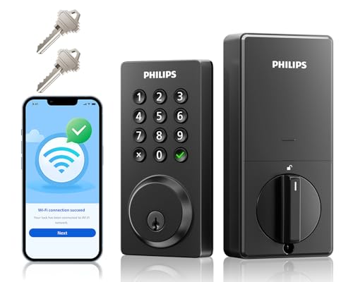 Philips Smart Lock, Smart Door Lock Built-in WiFi, App Remote Control, Keyless Entry Door Lock for Front Door, Deadbolt Lock Auto Lock, Support Alexa & Google, IP54 Waterproof, Black