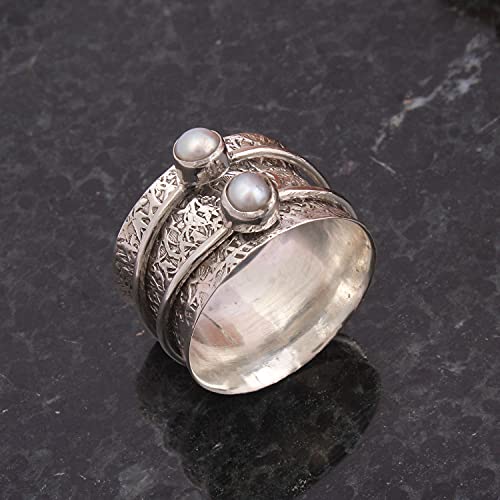 925-Sterling-Silver-Round-Pearl-Spinner-Handmade-Silver-Meditation-Boho-Worry-Ring