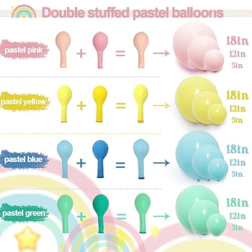 Image of Pastel Balloon Arch Double Stuffed Pink Yellow Blue Green Balloons Different Size for Colorful Spring Princess Unicorn Easter Happy Birthday Baby Shower Party Decorations