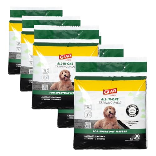 Image of Glad for Pets Extra Large Charcoal Training Pads for Dogs and Puppies, Activated Carbon Odor Control, 6-Layer Absorbent Leak-Proof Pee Pads with Pheromone Attractant, 28 x 30 in, 30 Count - 6 Pack