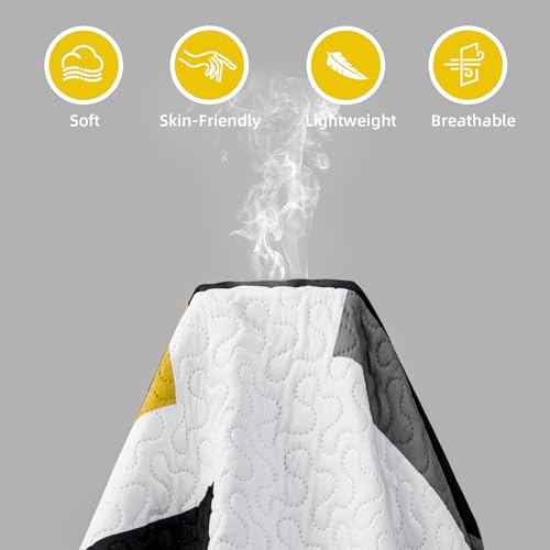 Image of Tyrot 3 Piece Yellow Grey Quilt King Size Black White Gray Bedding Set | Lightweight Bedspread, Geometric Coverlet with 2 Sham, Modern Abstract Soft Microfiber, Bed Cover for All Season, 106''x96''