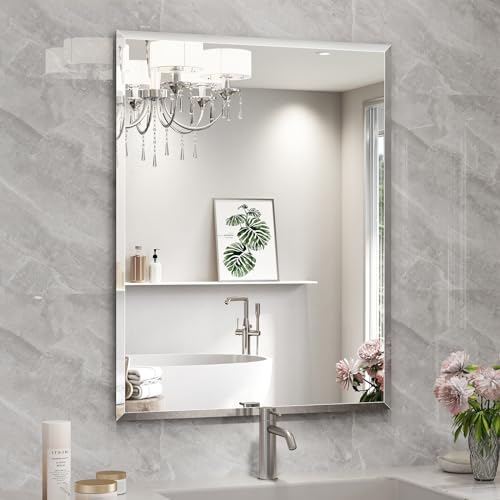 Mestikits Bathroom Mirrors for Wall Beveled 28x36 Frameless Bathroom Vanity Mirror Wall Mount Mirror for Bedroom Entryway Living Room Hangs Horizontally or Vertically
