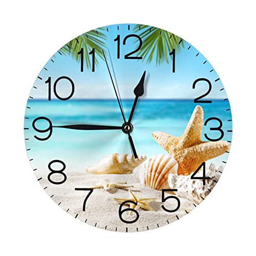DADABULIU Wall Clock Starfish Sea Beach Summer Seashell Silent Non-Ticking 10 Inch Round Clocks Battery Operated Quartz Analog for Living Room Kitchen Bedroom Bathroom Office Home School Decor