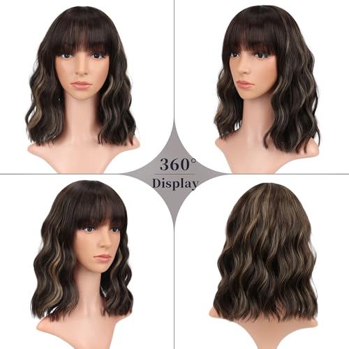image for VCKOVCKO Short Bob Wigs Honey brown mix Blonde Wavy Wig With Air Bangs