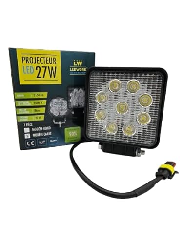 LEDWORK Phare de travail PROJECTEUR LED CARRE 27W pour voiture, camion, SUV, 4x4-9X3W/LED 6000°K 2150Lm IP67