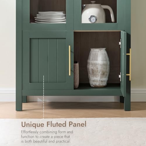 Image of 71 inch Tall Arched Display Cabinet, 5-Tier Bookshelf Modern Farmhouse Arched Bookcase with Glass Doors and Shelves, Wooden Pantry Storage Cabinet for Living Room, Office and Kitchen, Green