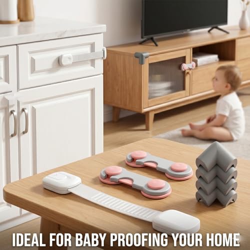 Image of Safe-O-Kid Childproof Home Safety Combo | 1 Multipurpose Safety Lock, 2 Smiley End Locks & 4 NBR Corner Guards | Baby Proofing Safety Kit for Cabinets, Drawers & Furniture Protection - Assorted