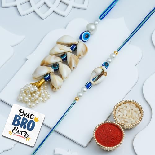 Image of eCraftIndia Beautiful Shell Pearl Designer Bhaiya Bhabhi Rakhis with Best Bro Ever Fridge Magnet | Set of 2 Rakhi for Brother and Bhabhi | Lumba Rakhi | Roli Chawal Pack