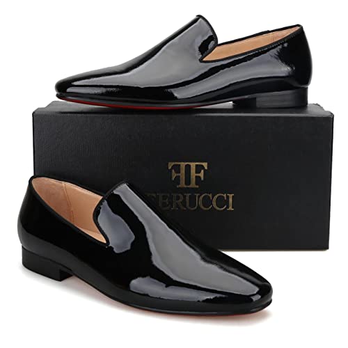 FERUCCI Men Square Toe Plain Black Leather Slippers Loafers Flats Prom Wedding Shoes2