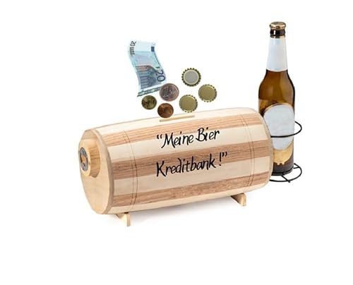 Bier-Spardose aus Holz mit Flaschenöffner & Flaschenhalter – Bierfass mit Gravur „Meine Bier Kreditbank“ – Männergeschenk, Deko, Kronkorkenbehälter