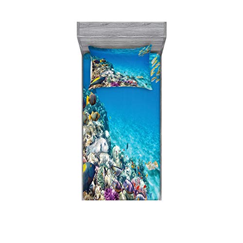 Lunarable Ocean Fitted Sheet & Pillow Sham Set, Clear Underwater Sea Life Animal World Corals Tropical Fishes And Stingray, Decorative Printed 2 Piece Bedding Decor Set, Twin, Purple Aqua #TOP7