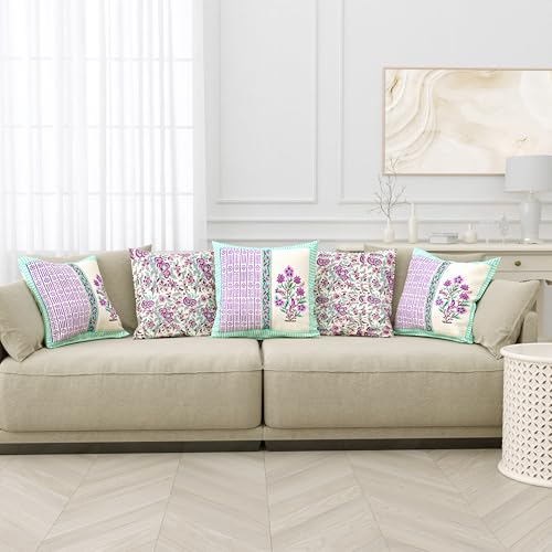 Image of BLOCKS OF INDIA Hand Block Printed Cotton Linen Cushion Cover (16 x 16 inches) (DYE Purple Turq Half)
