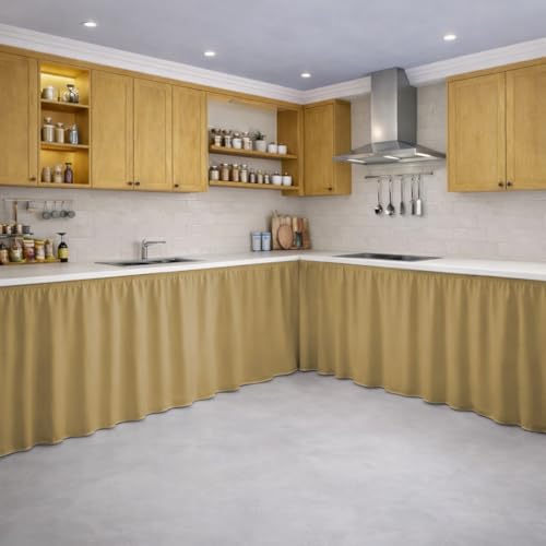 Image of LINENWALAS Under Sink Curtain for Kitchen - Pack of 2 | 132x71 cm Polyester Under-Sink Cover | Washable Storage-Hiding Curtain with Rod Pocket | Kitchen & Bathroom Cabinet Cover (Golden Beige)