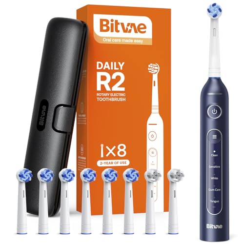 Image of Bitvae R2 Rotating Travel Electric Toothbrush, 8 Professional Brush Heads, Carrying Case, 5 Teeth Care Modes, Pressure Alerts to Prevent Gum Injury, Long Duration