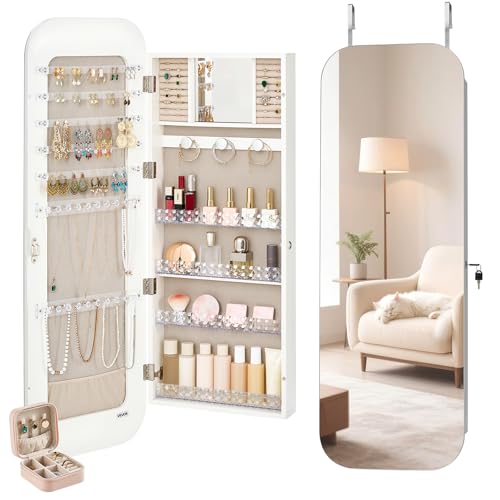 VEVOR Armadietto Portagioie, Altezza 1080 mm, Specchio a Figura Intera con Contenitore da Parete, Specchio Armadietto Portagioielli, Chiudibile Chiave con 2 Chiavi e Organizzatore da Viaggio, Bianco