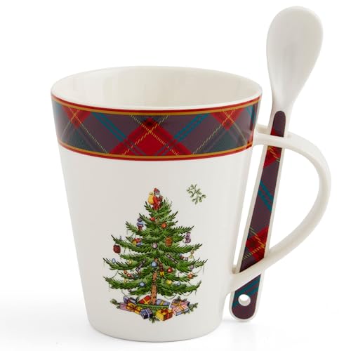 Spode Christmas Tree Mug & Spoon Set, 14 Oz Porcelain Mug for Coffee, Tea, Milk, Hot Cocoa - Festive Gift Box - Dishwasher & Microwave Safe - Holiday Collection Design for Gifting (Tartan)