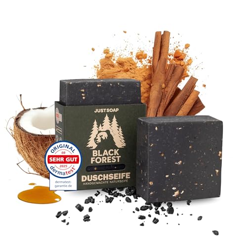 JUST SOAP Duschseife festes Duschgel 150g [Handmade in Germany] Black Forest Nachhaltig Vegan Silikonfrei Plastikfrei Naturseife Bio-Kokosöl Peeling Aktivkohle Pflegend Rückfettend