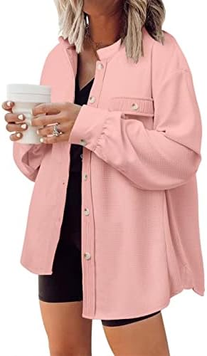 DARKRANI Womens Button Down Shirts Summer Long Sleeve Shirts Casual Shacket Jacket with Pockets（Pink,X-Large）