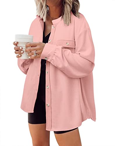 Darkrani Womens Button Down Shirts Summer Long Sleeve Shirts Casual Shacket Jacket With Pockets（Pink,X-Large） #TOP3