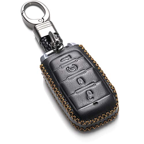 Vitodeco Genuine Leather Keyless Entry Remote Control Smart Key Case Cover with Leather Key Chain for 2019 RAM 1500 (4-Button, Black)