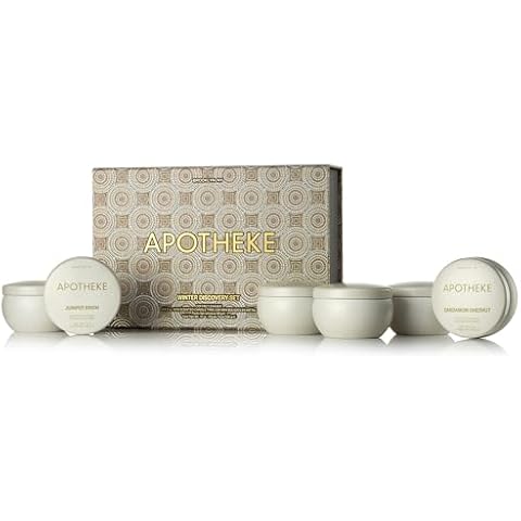 Apotheke Scented Candles for Home, 6-Piece Winter Discovery Set - Premium Mini Tin Jar Candles - Includes Bitter Cherry, Black Cypress, Cardamom Chestnut, Charcoal, Juniper Birch & Firewood Scents Cover