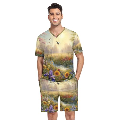 Pajama Set for Men, Short Sleeve Pajama Set Modal Loungewear, S-XXL