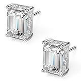 18K White Gold Plated Sterling Silver Emerald Cut Cubic Zirconia Stud Earrings for Women Men Rectangle CZ Diamond Stud Earrings (White Gold, 5mm*7mm)
