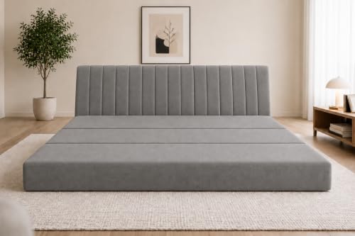 Image of Three Seater Sofa Bed, Velvet Fabric Foldable Sofa Cum Bed with Soft Foam Cushioning, Convertible Floor Couch for Living Room, Guest Room & Home Use (Grey, Pre-Assembled)