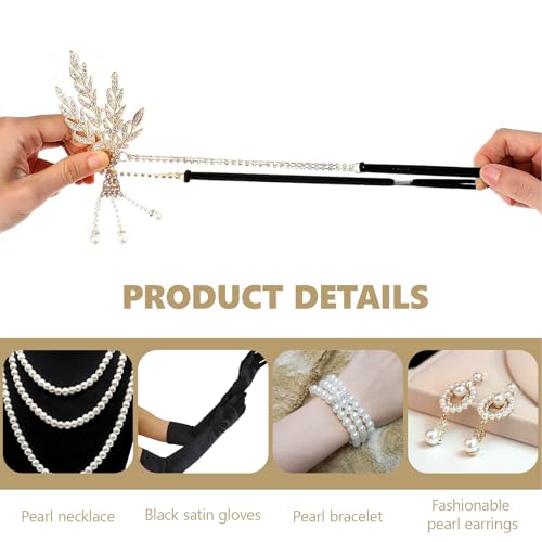 5 Teiliges 20er Jahre Accessoires, Great Gatsby, Damen Charleston Accessoires, mit Perlen Ohrring Halskette Handschuh Armband Kopfbedeckung, für Halloween Weihnachten Elegant Party Abschlussball