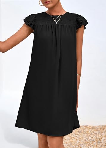 Image of KIRUNDO Wedding Guest Shift Dresses for Women Short Spring Summer Ruffle Cap Sleeve Chiffon Babydoll Flowy Mini Sundress(Black, Large)