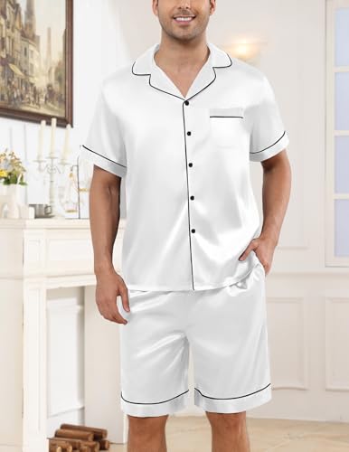 Image of Veseacky Mens Silk Satin Pajamas Set Short Sleeve Sleepwear Button-Down Pjs Sets Two-Pieces Loungewear with Pockets S-XXL