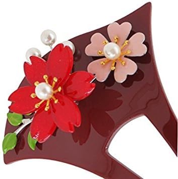 FINGER LOVE Acrylic 2-Prong Geisha Hair Stick Fork with 3D Flowers and Leaves (Red wine)