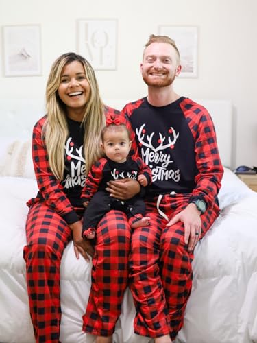 Image of IFFEI Matching Family Pajamas Sets Christmas PJ's with Letter and Plaid Printed Long Sleeve Tee and Bottom Loungewear
