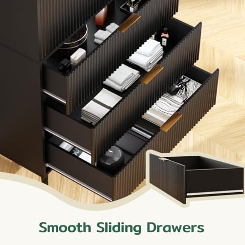 Image of Fluted Tall Cabinet, Kitchen Pantry Cabinet with Adjustable Shelves, Wood Cupboard with 3 Drawers 2 Doors, Mid Century Modern Cabinet for Living Room Dining Room Entryway Office, Black