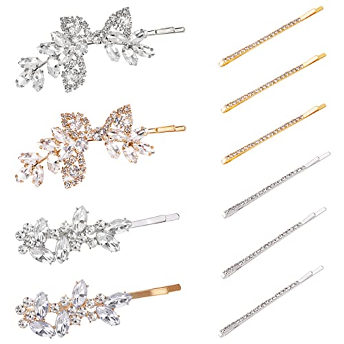 IBEQUEM 8 pinzas para el pelo de la hoja de diamantes de imitación, perlas de cristal de flor de bobby pines, brillantes diamantes barrette, elegante accesorio para mujeres y niñas (plata) Cover