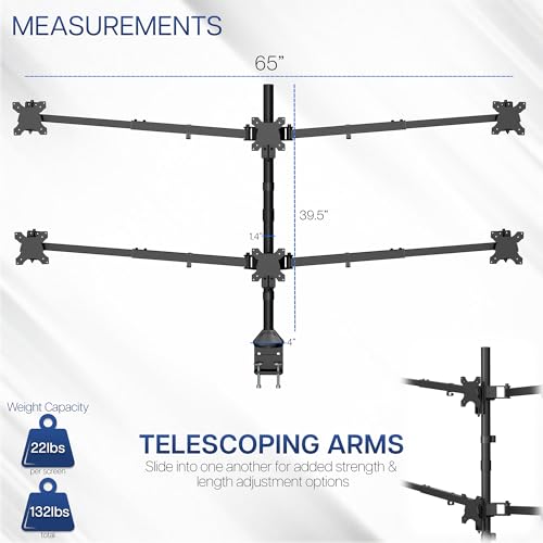 Image of VIVO Premium Hex Ultra Wide LCD LED 27 to 38 inch Monitor Desk Mount, Heavy Duty C-clamp, Extra Tall Pole, Adjustable Telescoping Arms, Flush Wall Setup, Fits 6 Screens, Black, STAND-TS06C